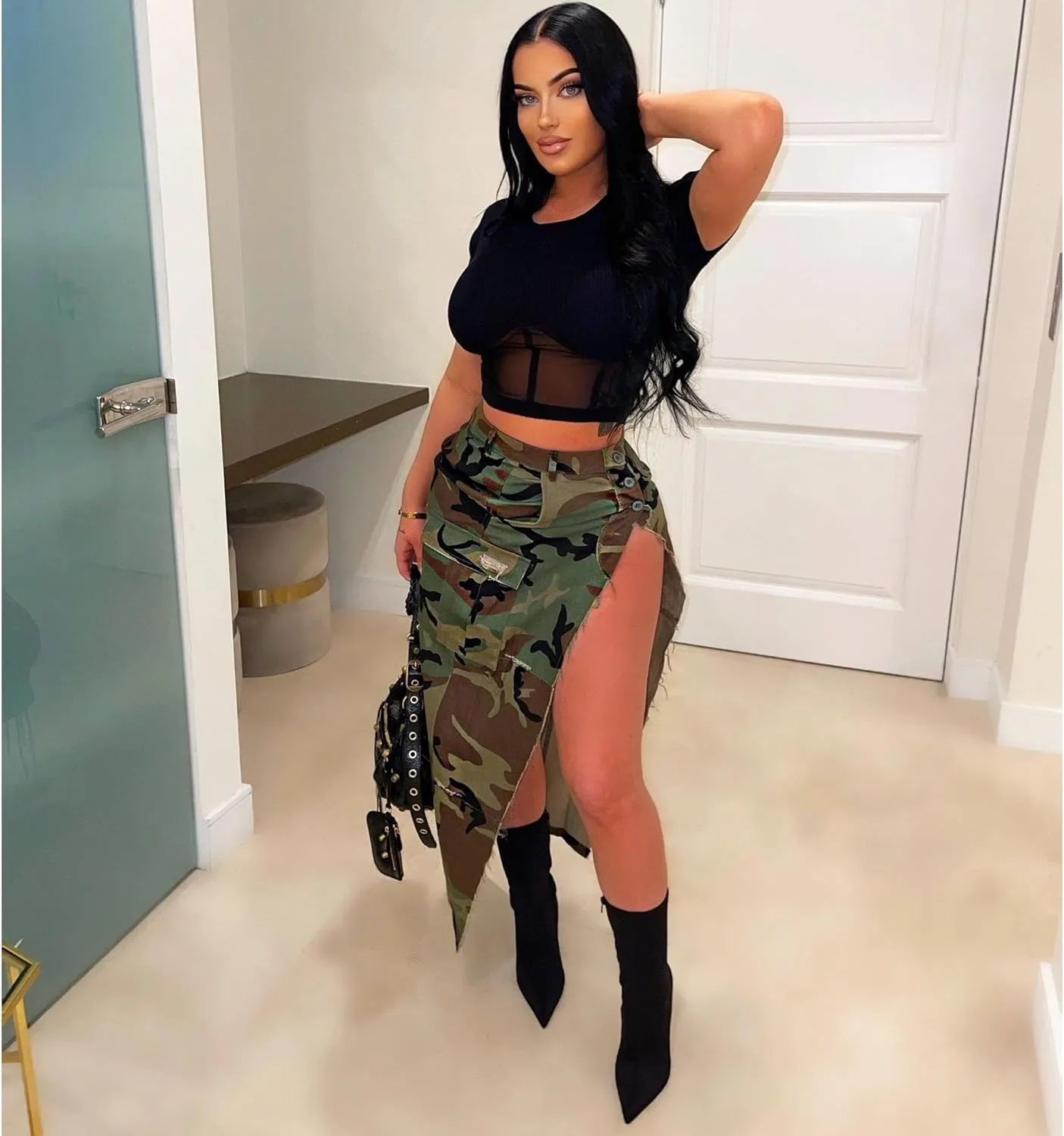 Women Midi Skirt Camo Skirt Cargo Skirt for Women Sexy High Split Skirt Maxi Skirts Army Fatigue Skirts Denim Skirt