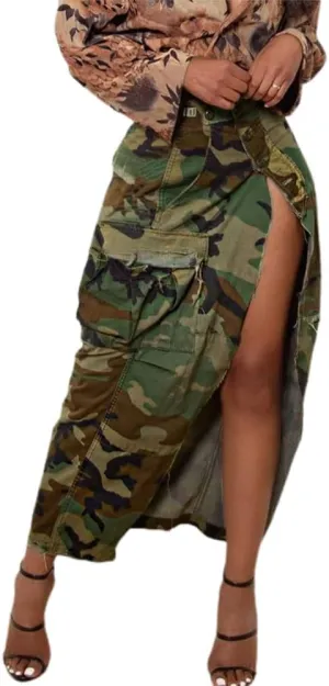 Women Midi Skirt Camo Skirt Cargo Skirt for Women Sexy High Split Skirt Maxi Skirts Army Fatigue Skirts Denim Skirt