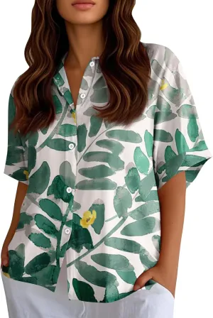 Women Short Sleeve Shirts Button-Down Trendy 2025 Summer Linen Cute Tops Going Out Floral Print Dressy Casual Blouses