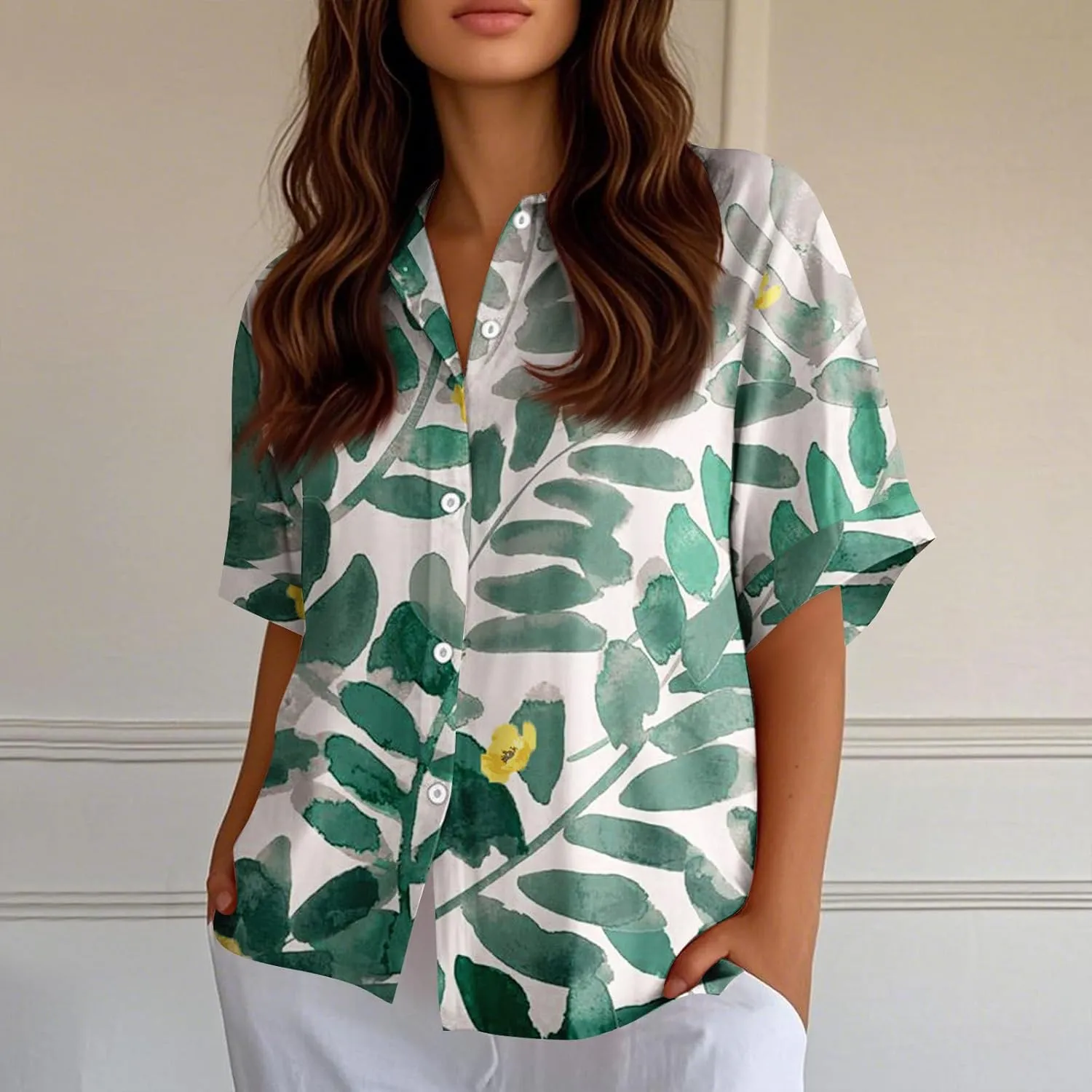 Women Short Sleeve Shirts Button-Down Trendy 2025 Summer Linen Cute Tops Going Out Floral Print Dressy Casual Blouses