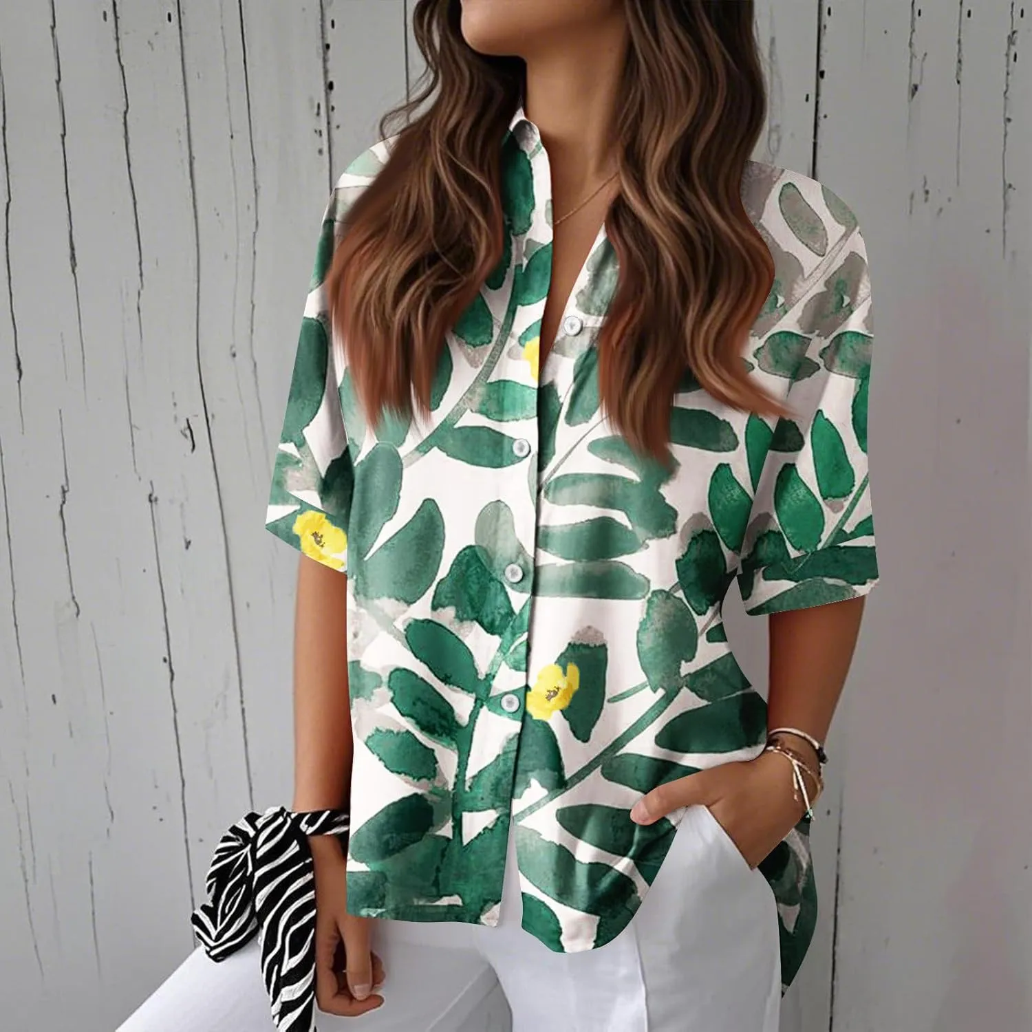 Women Short Sleeve Shirts Button-Down Trendy 2025 Summer Linen Cute Tops Going Out Floral Print Dressy Casual Blouses