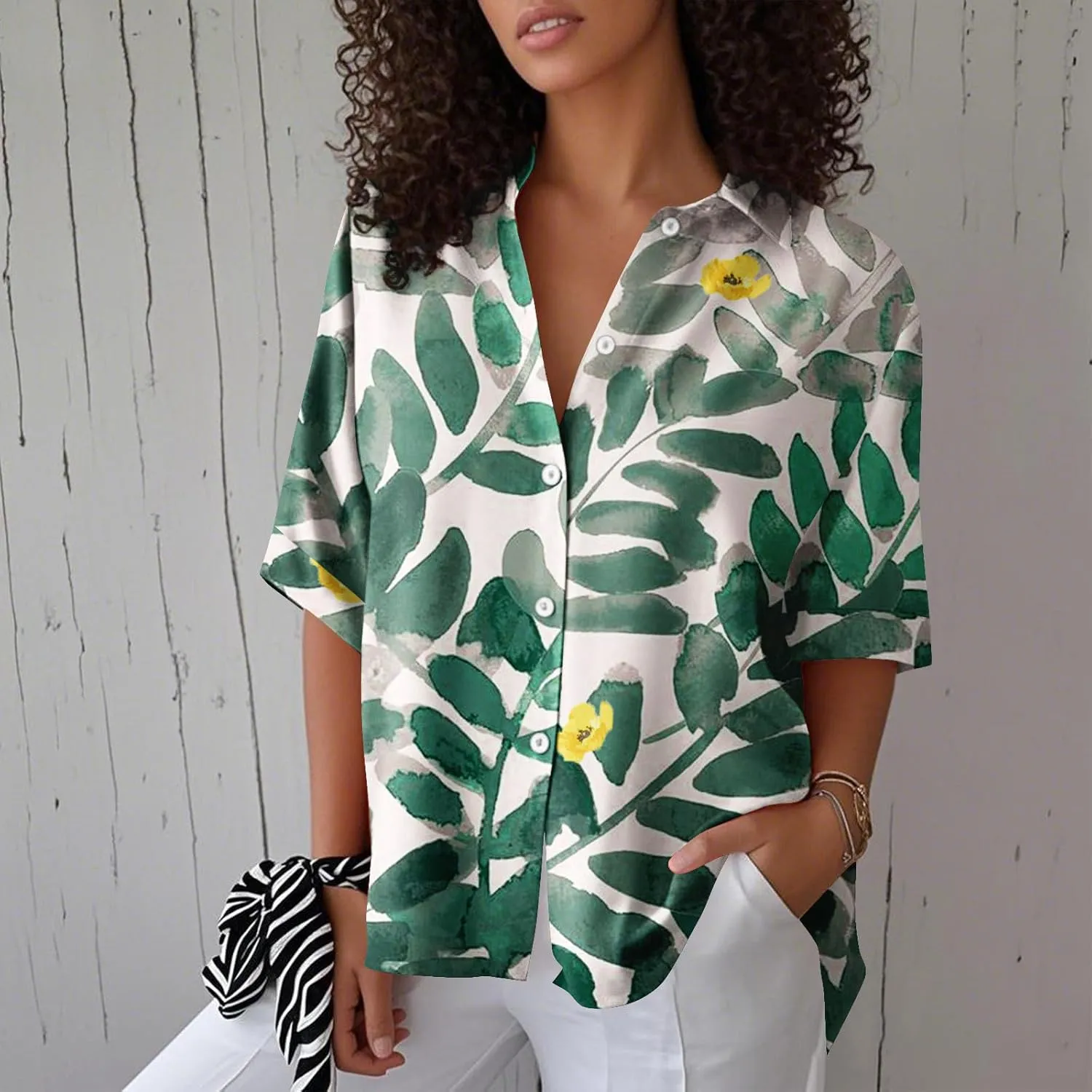 Women Short Sleeve Shirts Button-Down Trendy 2025 Summer Linen Cute Tops Going Out Floral Print Dressy Casual Blouses