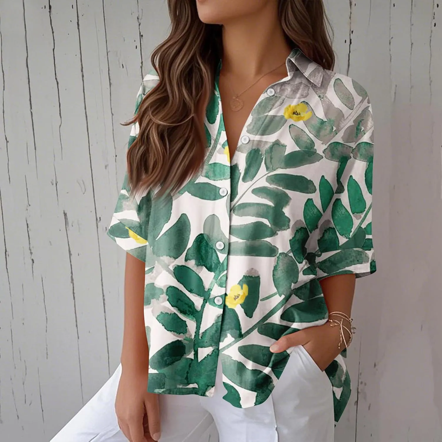 Women Short Sleeve Shirts Button-Down Trendy 2025 Summer Linen Cute Tops Going Out Floral Print Dressy Casual Blouses