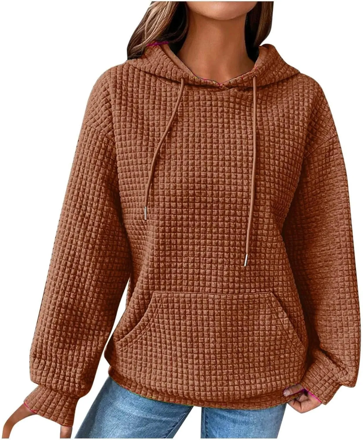 Women Waffle Plaid Knit Y2K Hoodie Drawstring Lightweight Oversized Sweatshirt Comfy Cute Pullover Streetwear Hoodies