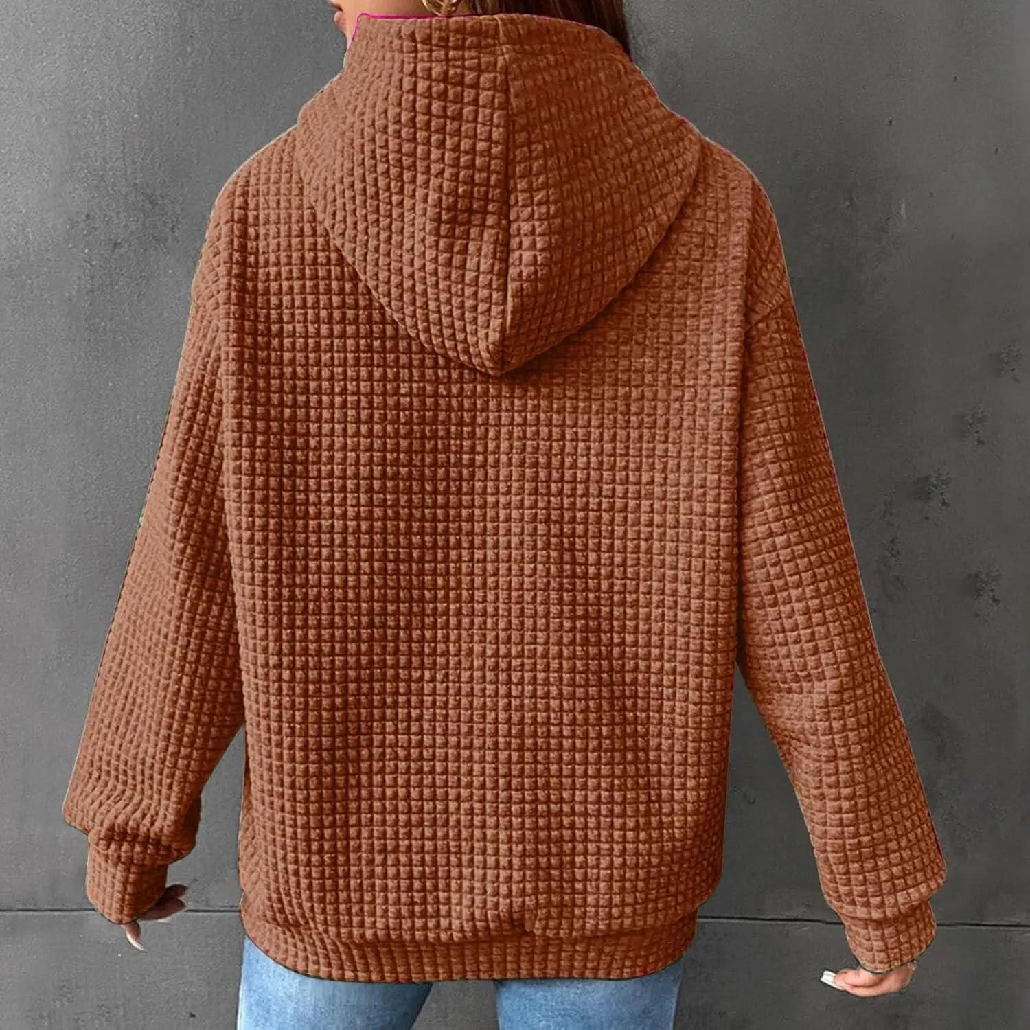 Women Waffle Plaid Knit Y2K Hoodie Drawstring Lightweight Oversized Sweatshirt Comfy Cute Pullover Streetwear Hoodies