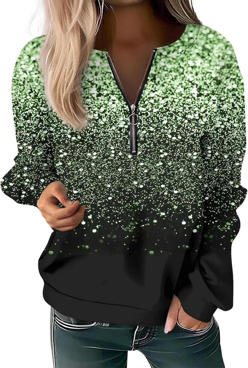 Womens 2024 Fall Trendy Sequin Glitter Sparkly Crew Neck Half Zip Long Sleeve Tops Comfy Star Sweatshirts
