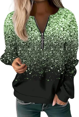 Womens 2024 Fall Trendy Sequin Glitter Sparkly Crew Neck Half Zip Long Sleeve Tops Comfy Star Sweatshirts