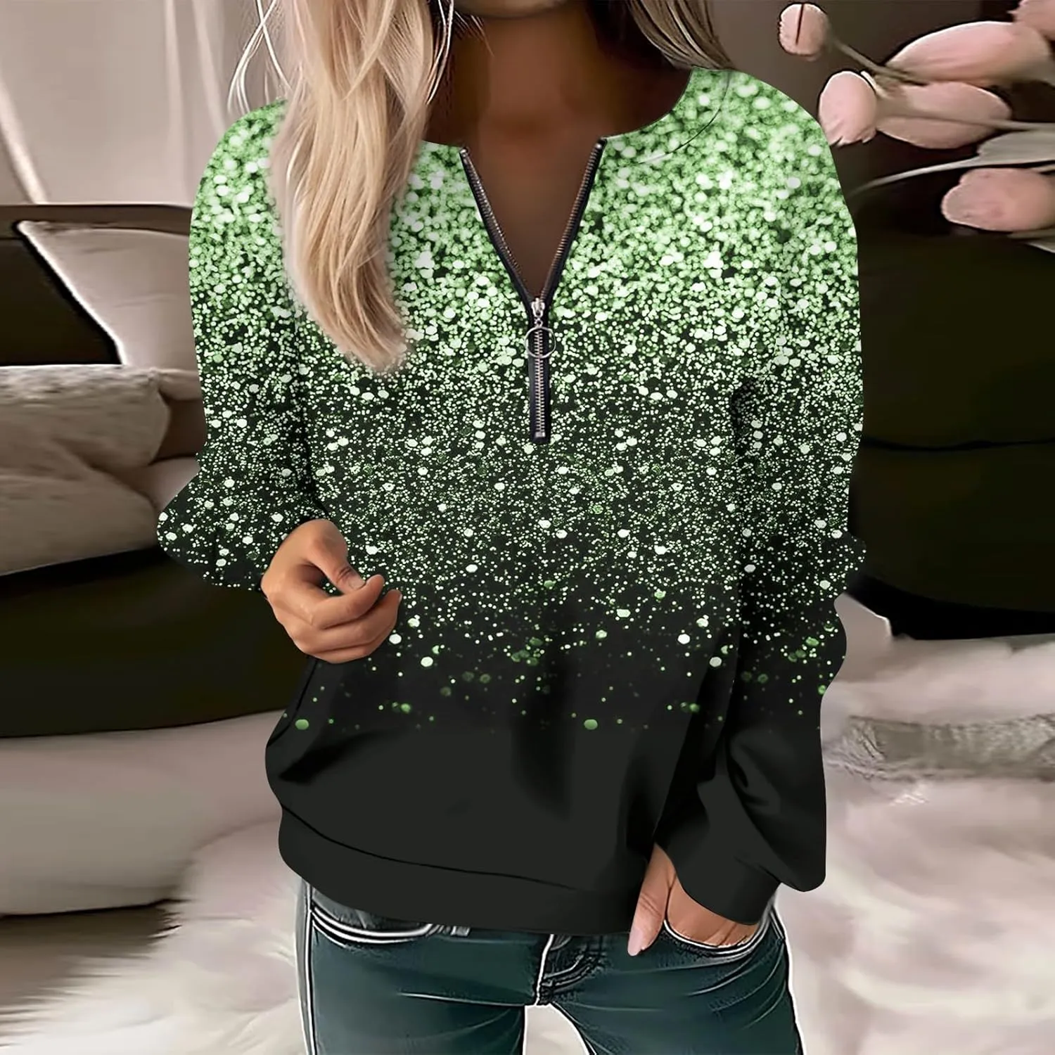 Womens 2024 Fall Trendy Sequin Glitter Sparkly Crew Neck Half Zip Long Sleeve Tops Comfy Star Sweatshirts
