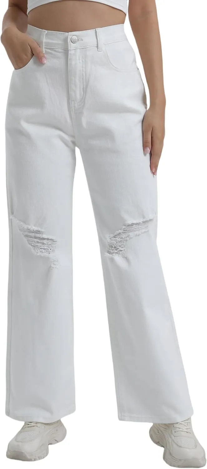 Women’s Baggy Wide Leg Distressed High Waisted Boyfriend Jeans Loose Denim Pant