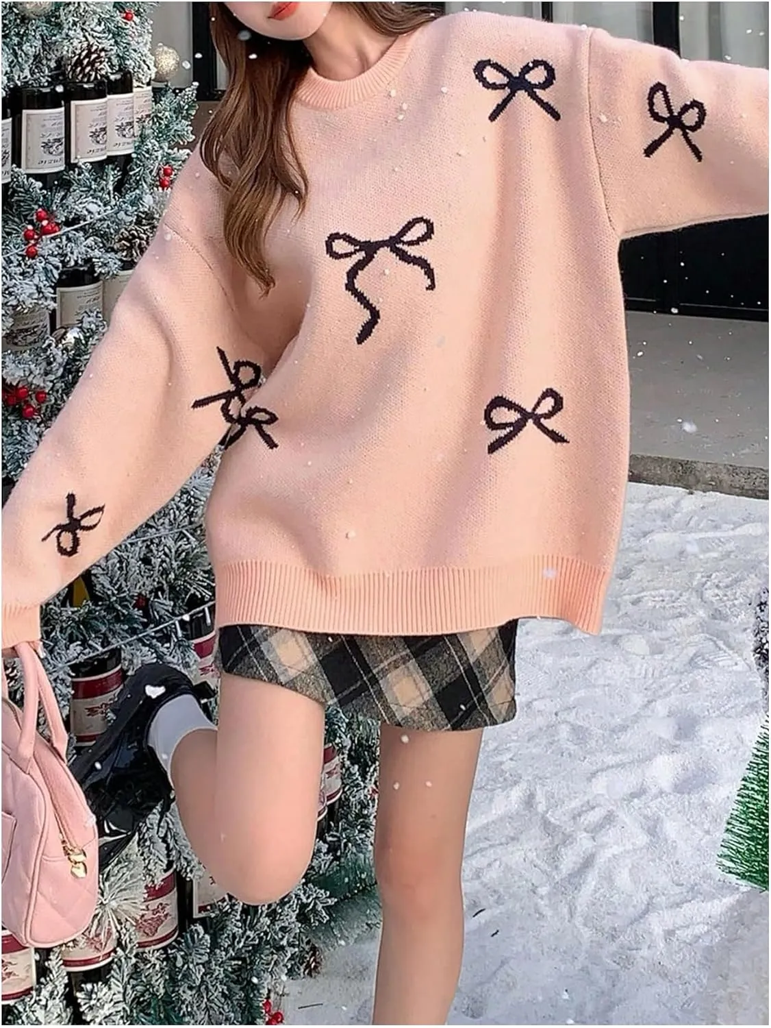Women's Bow Print Sweater Long Sleeve Crew Neck Knit Oversized Pullovers Sweaters