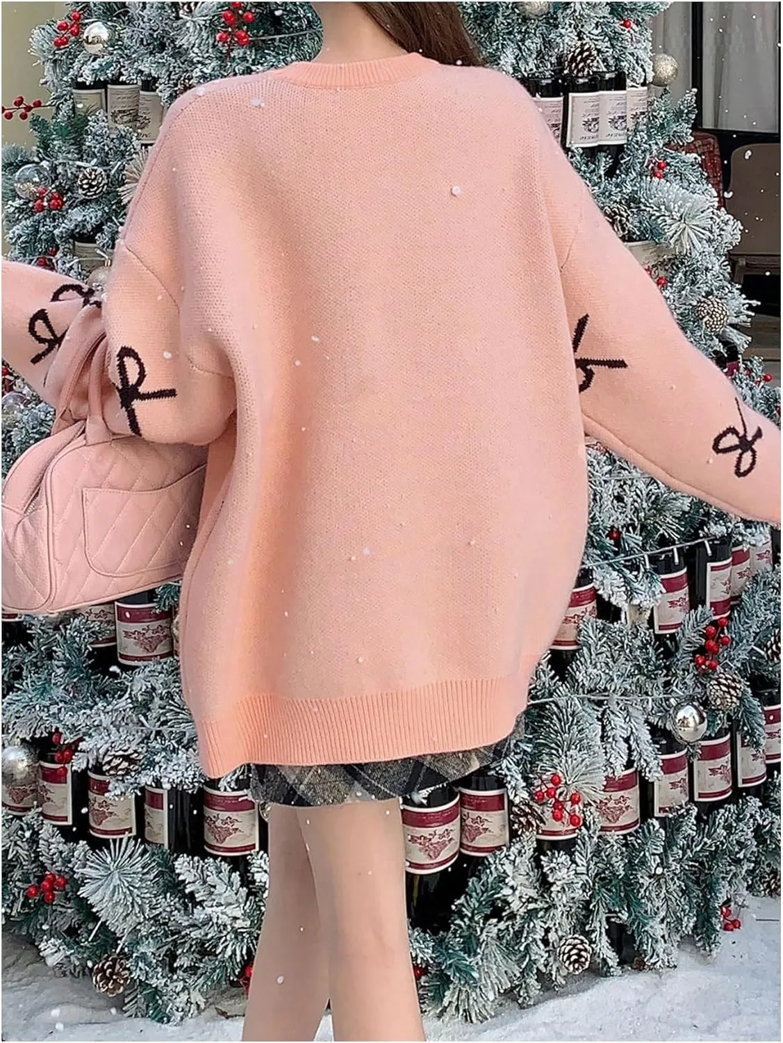 Women's Bow Print Sweater Long Sleeve Crew Neck Knit Oversized Pullovers Sweaters