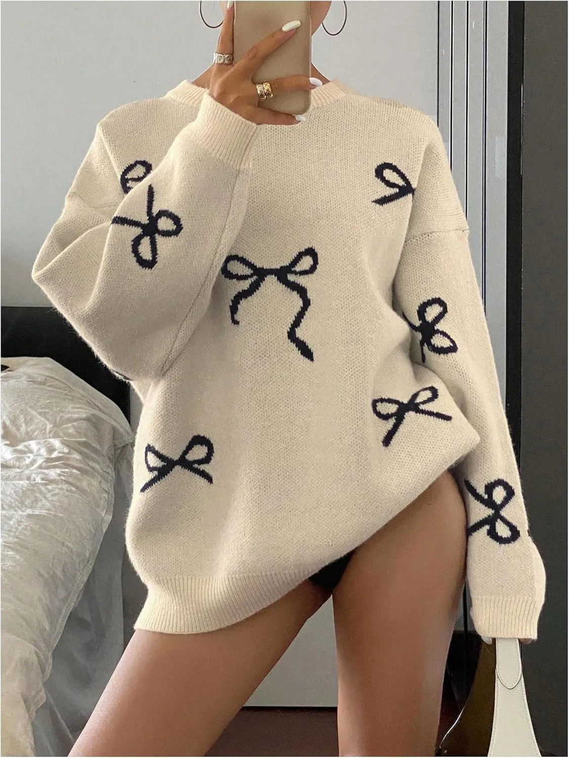 Women's Bow Print Sweater Long Sleeve Crew Neck Knit Oversized Pullovers Sweaters