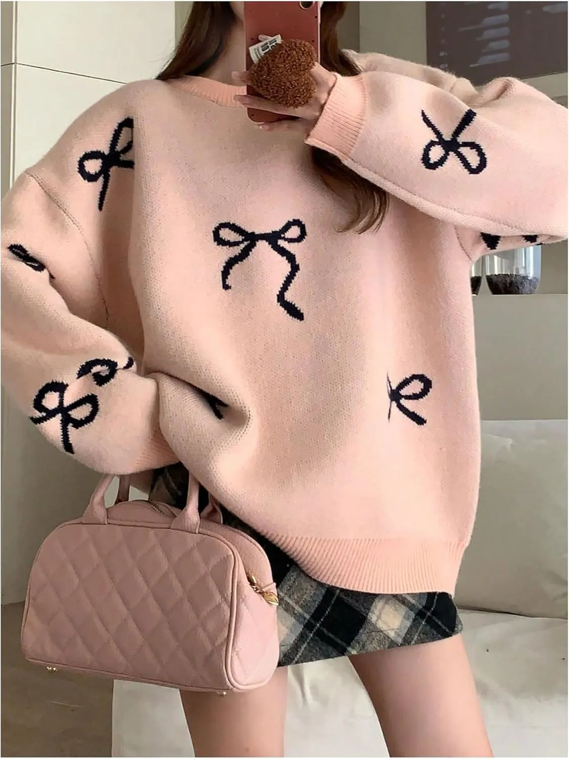 Women's Bow Print Sweater Long Sleeve Crew Neck Knit Oversized Pullovers Sweaters