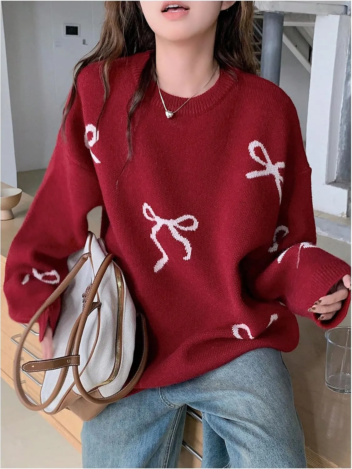 Women's Bow Print Sweater Long Sleeve Crew Neck Knit Oversized Pullovers Sweaters