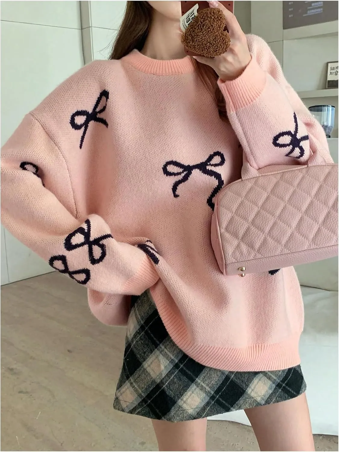 Women's Bow Print Sweater Long Sleeve Crew Neck Knit Oversized Pullovers Sweaters