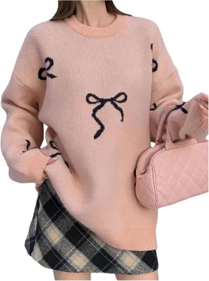 Women's Bow Print Sweater Long Sleeve Crew Neck Knit Oversized Pullovers Sweaters