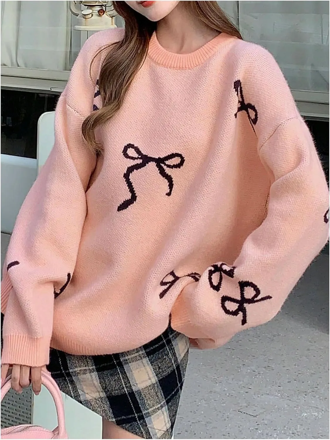 Women's Bow Print Sweater Long Sleeve Crew Neck Knit Oversized Pullovers Sweaters
