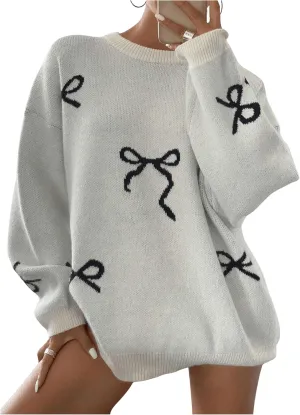 Women's Bow Print Sweater Long Sleeve Crew Neck Knit Oversized Pullovers Sweaters