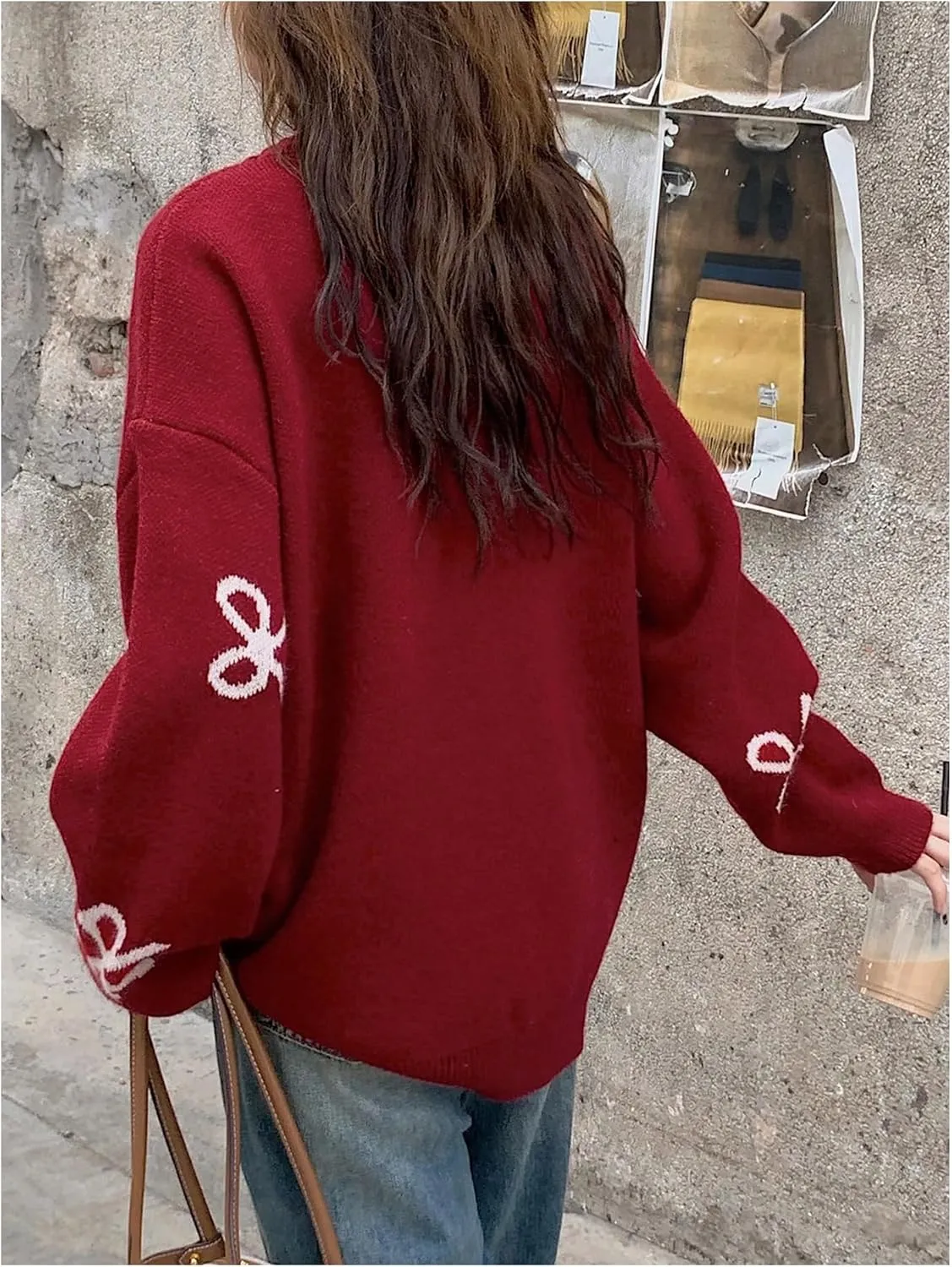 Women's Bow Print Sweater Long Sleeve Crew Neck Knit Oversized Pullovers Sweaters