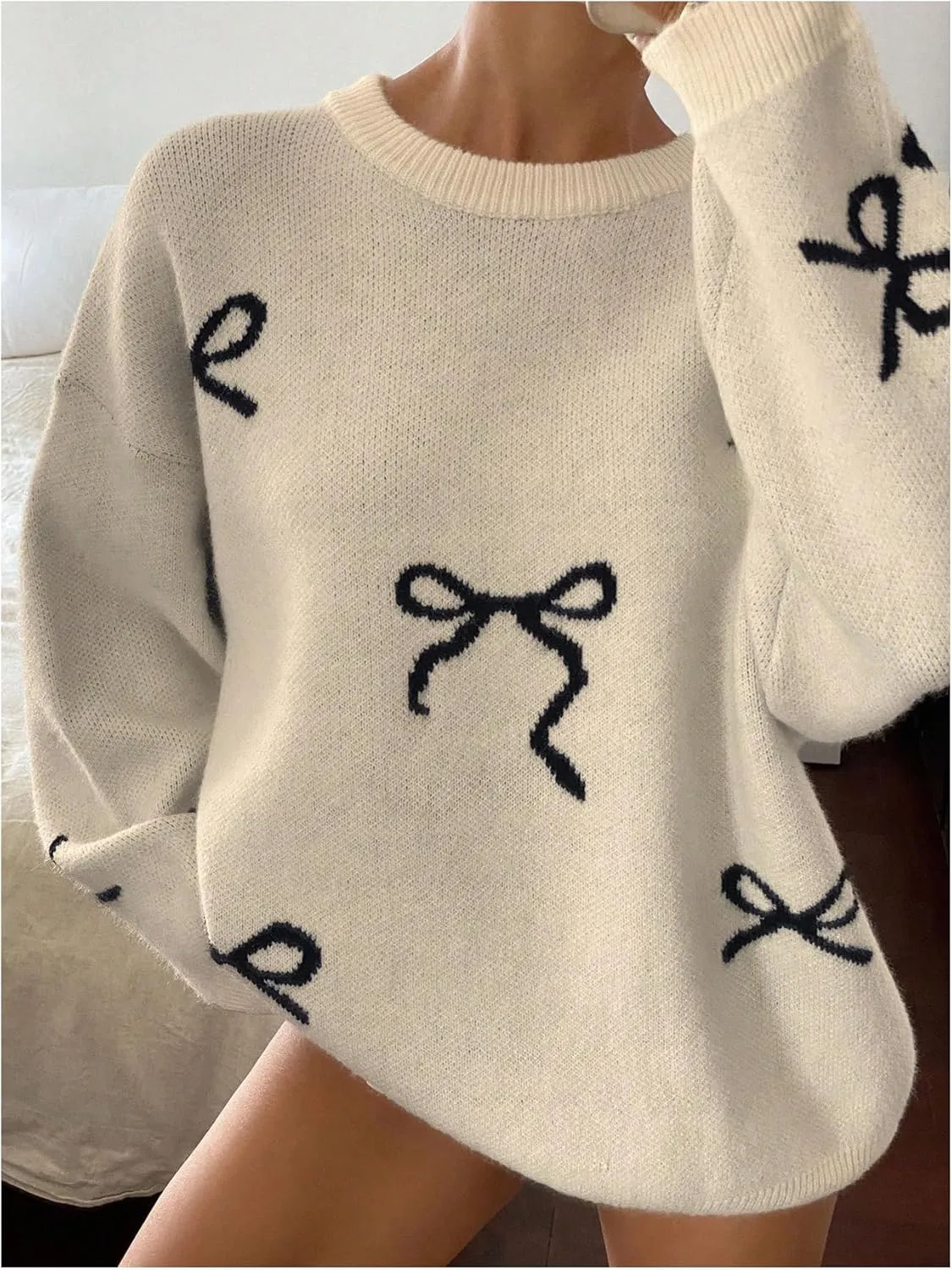 Women's Bow Print Sweater Long Sleeve Crew Neck Knit Oversized Pullovers Sweaters
