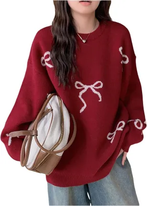 Women's Bow Print Sweater Long Sleeve Crew Neck Knit Oversized Pullovers Sweaters