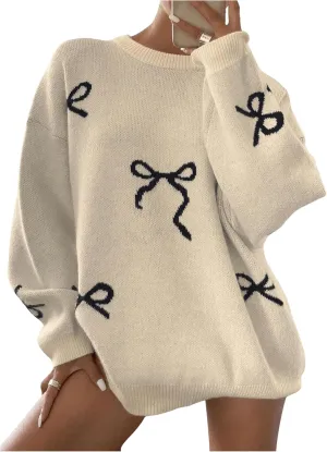Women's Bow Print Sweater Long Sleeve Crew Neck Knit Oversized Pullovers Sweaters