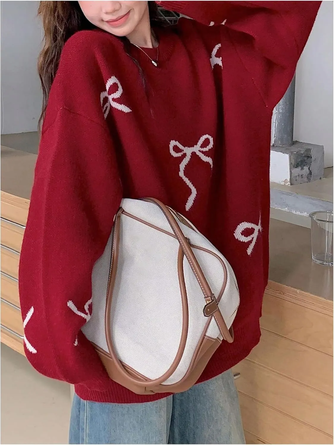 Women's Bow Print Sweater Long Sleeve Crew Neck Knit Oversized Pullovers Sweaters