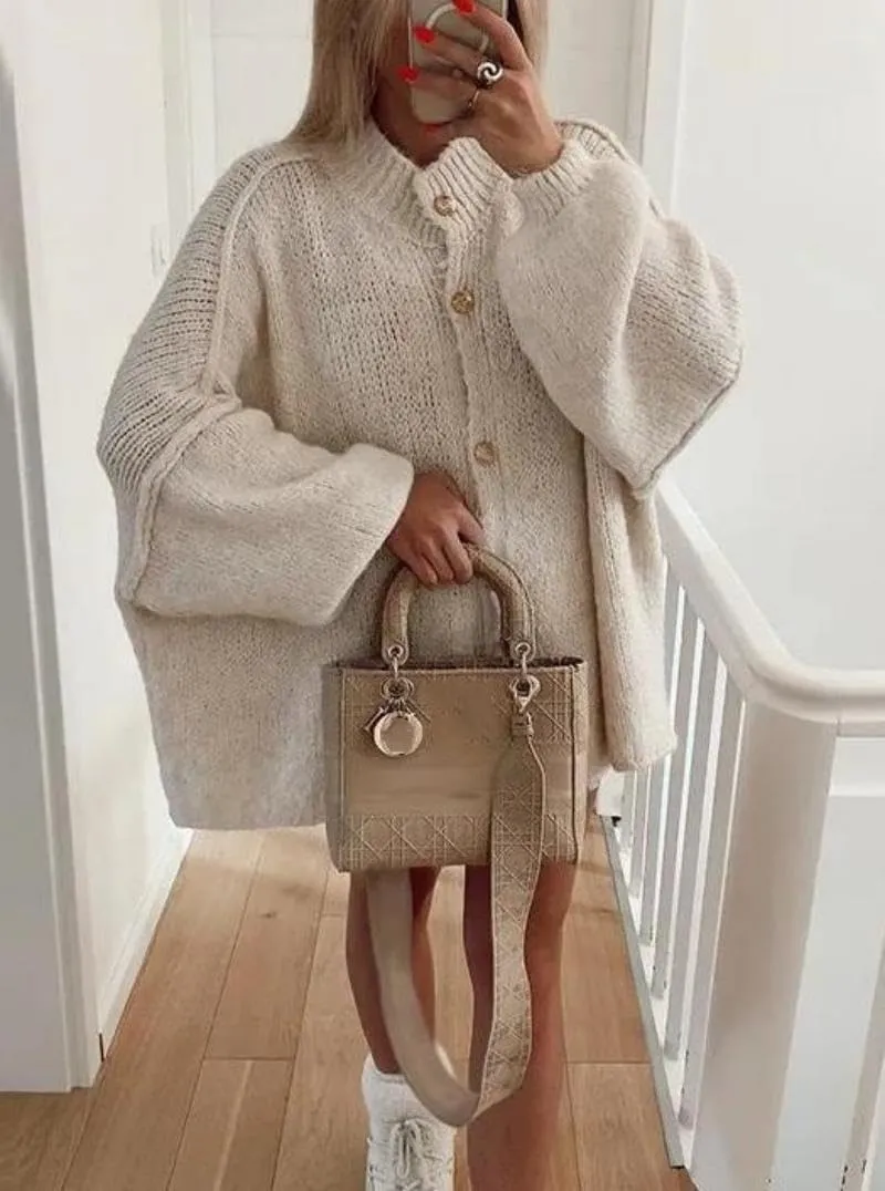 Women's Button Down Cardigans Oversized Chunky Knit Sweater Long Sleeves Turtleneck Outwear