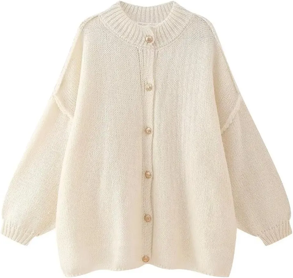 Women's Button Down Cardigans Oversized Chunky Knit Sweater Long Sleeves Turtleneck Outwear