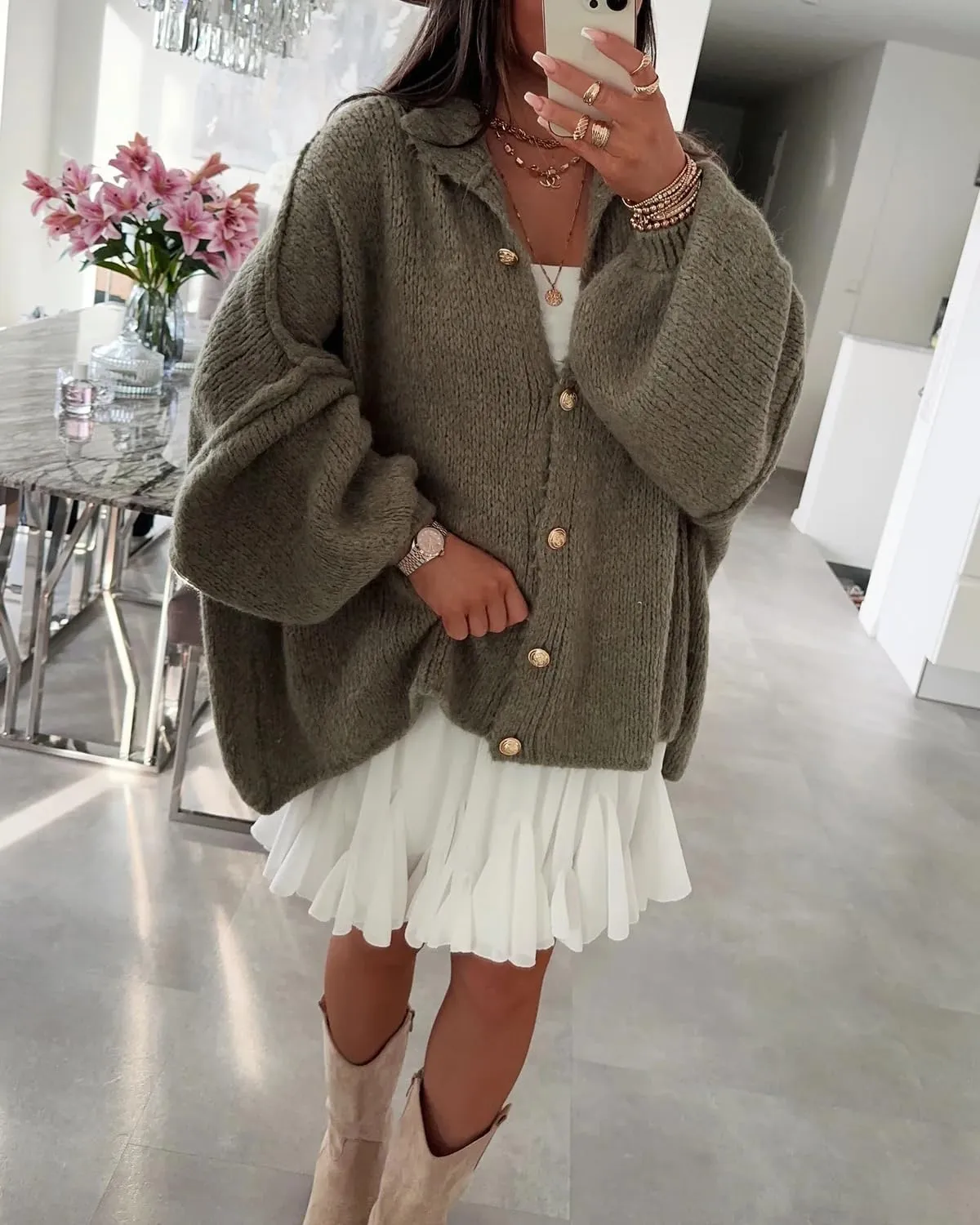 Women's Button Down Cardigans Oversized Chunky Knit Sweater Long Sleeves Turtleneck Outwear