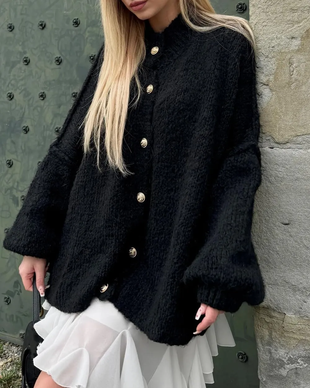 Women's Button Down Cardigans Oversized Chunky Knit Sweater Long Sleeves Turtleneck Outwear