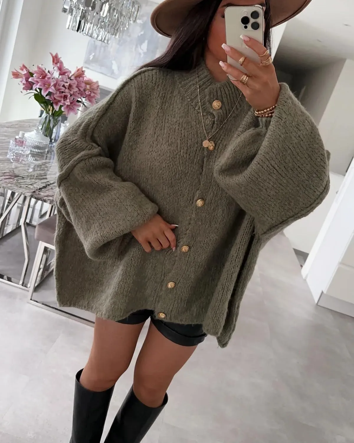 Women's Button Down Cardigans Oversized Chunky Knit Sweater Long Sleeves Turtleneck Outwear