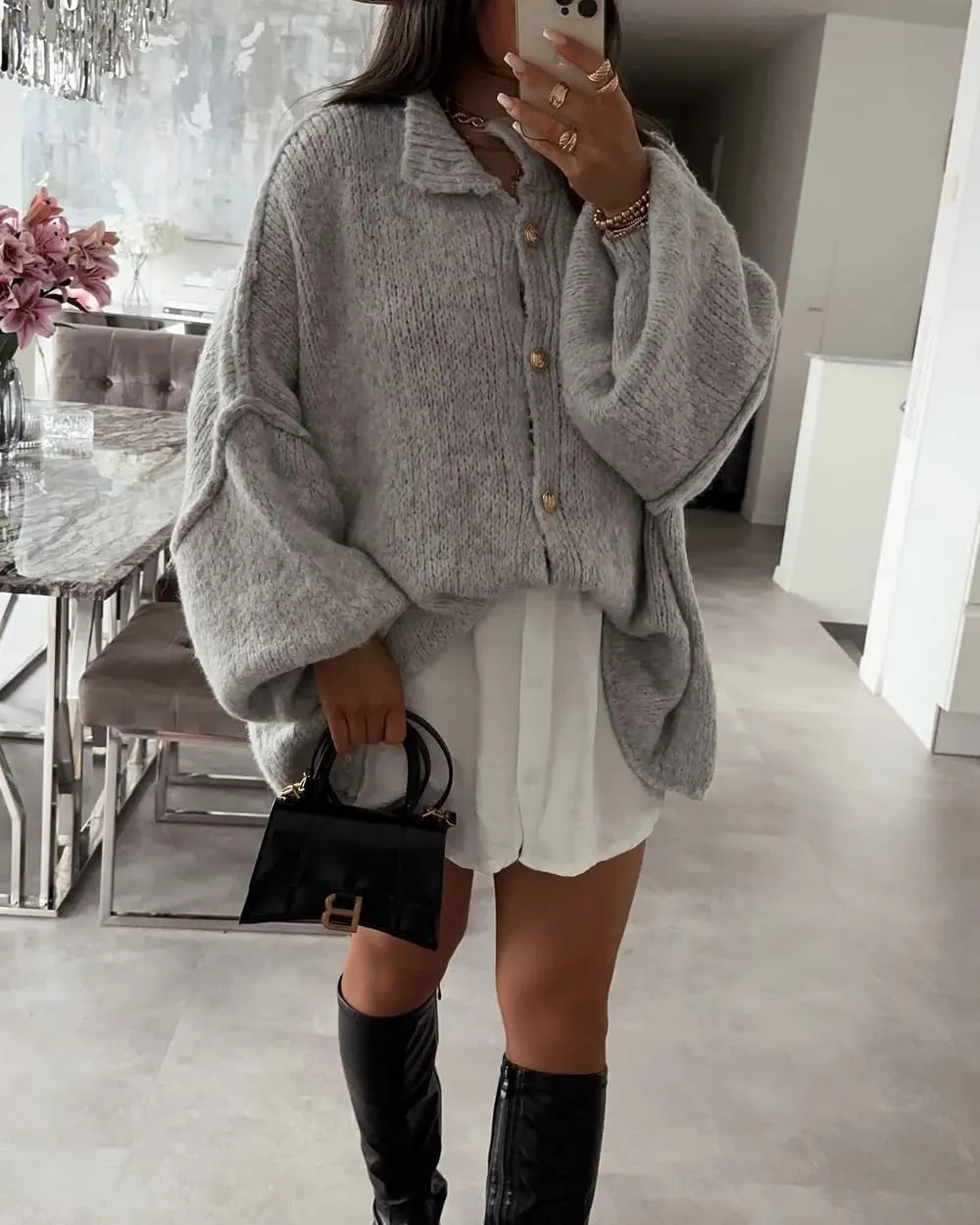 Women's Button Down Cardigans Oversized Chunky Knit Sweater Long Sleeves Turtleneck Outwear