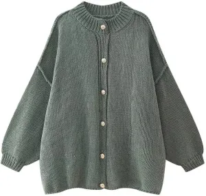 Women's Button Down Cardigans Oversized Chunky Knit Sweater Long Sleeves Turtleneck Outwear