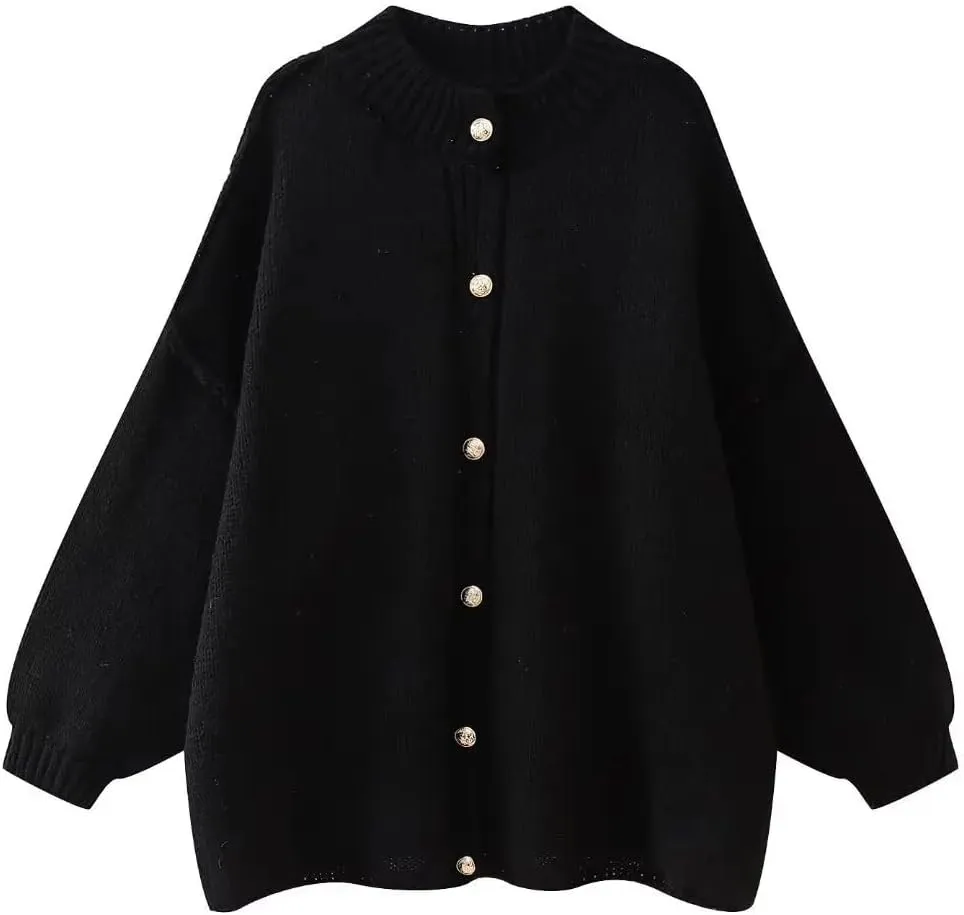 Women's Button Down Cardigans Oversized Chunky Knit Sweater Long Sleeves Turtleneck Outwear