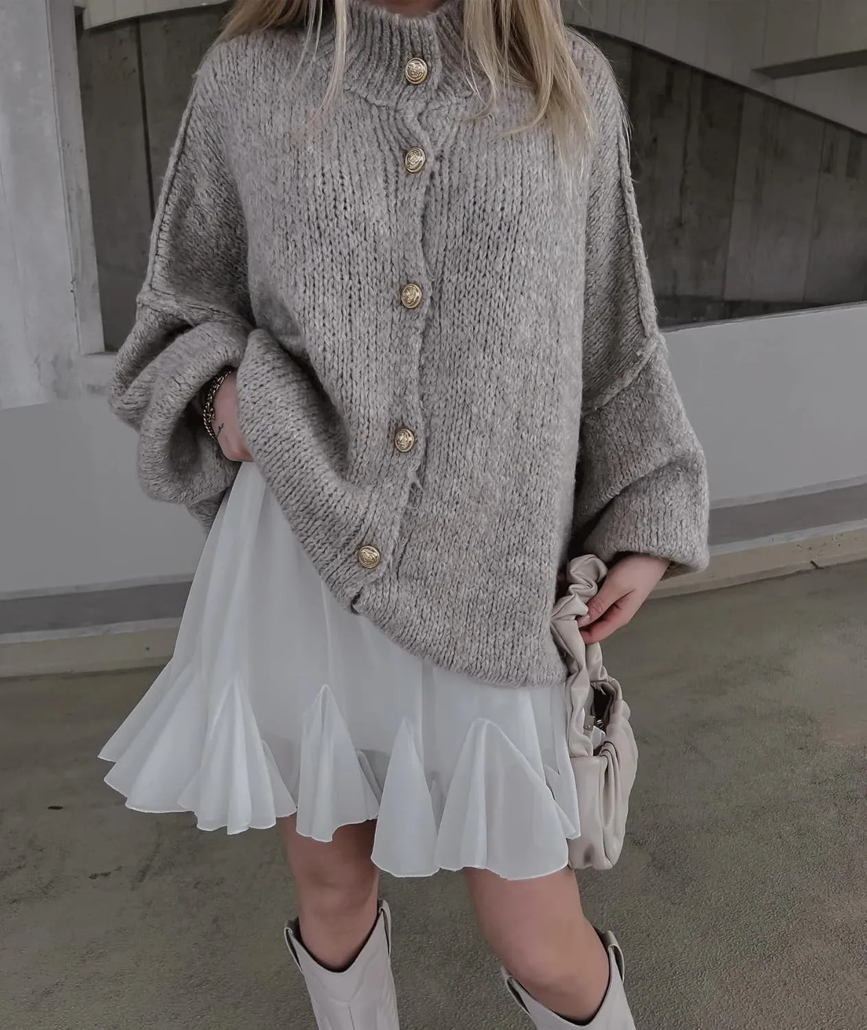 Women's Button Down Cardigans Oversized Chunky Knit Sweater Long Sleeves Turtleneck Outwear