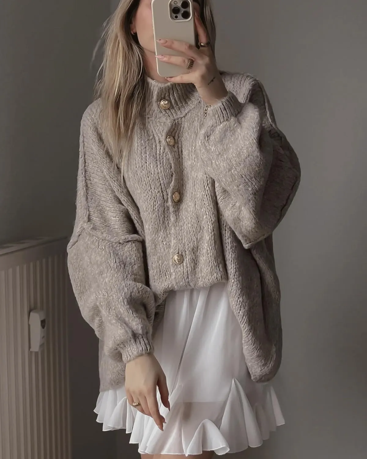 Women's Button Down Cardigans Oversized Chunky Knit Sweater Long Sleeves Turtleneck Outwear