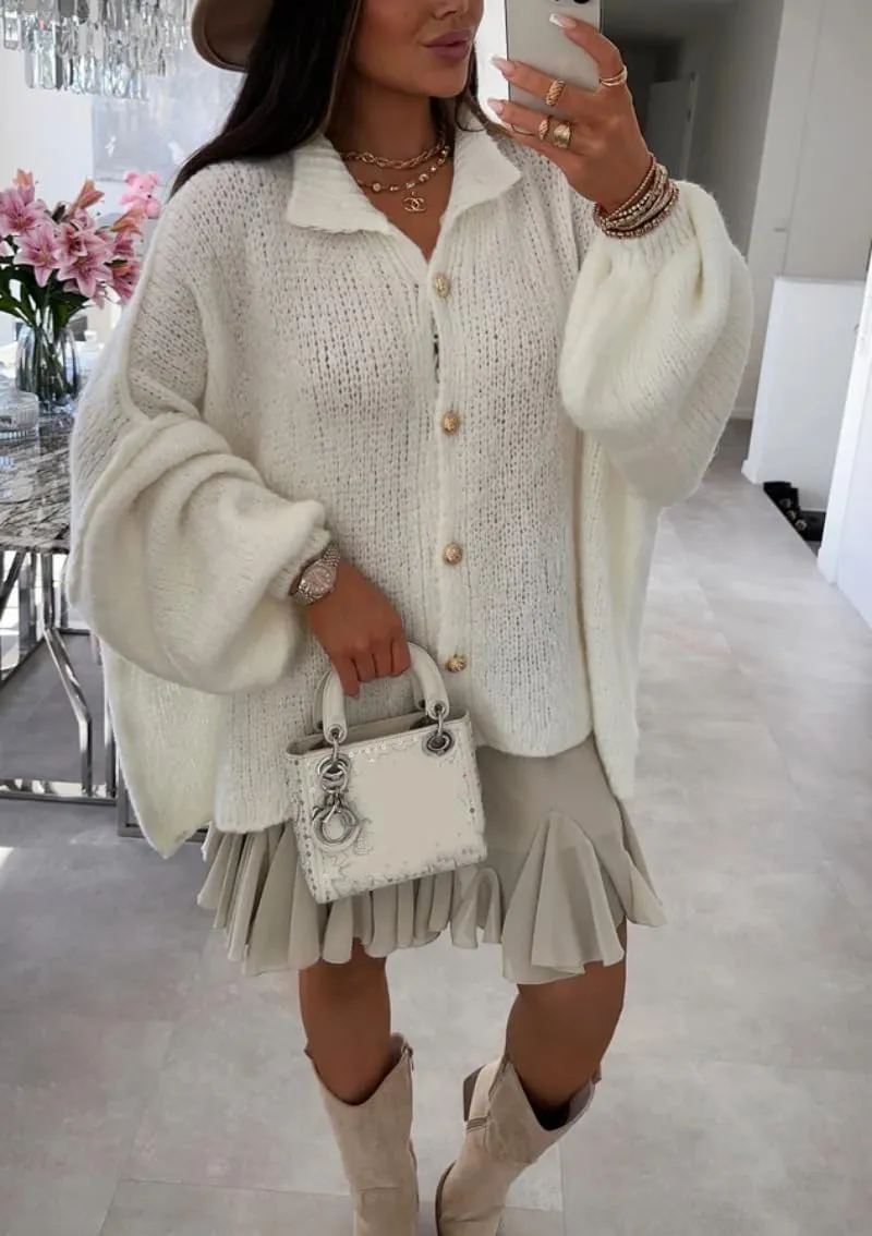 Women's Button Down Cardigans Oversized Chunky Knit Sweater Long Sleeves Turtleneck Outwear