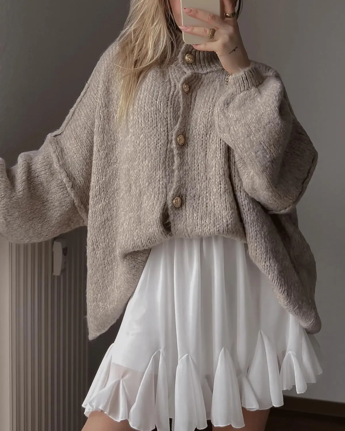 Women's Button Down Cardigans Oversized Chunky Knit Sweater Long Sleeves Turtleneck Outwear