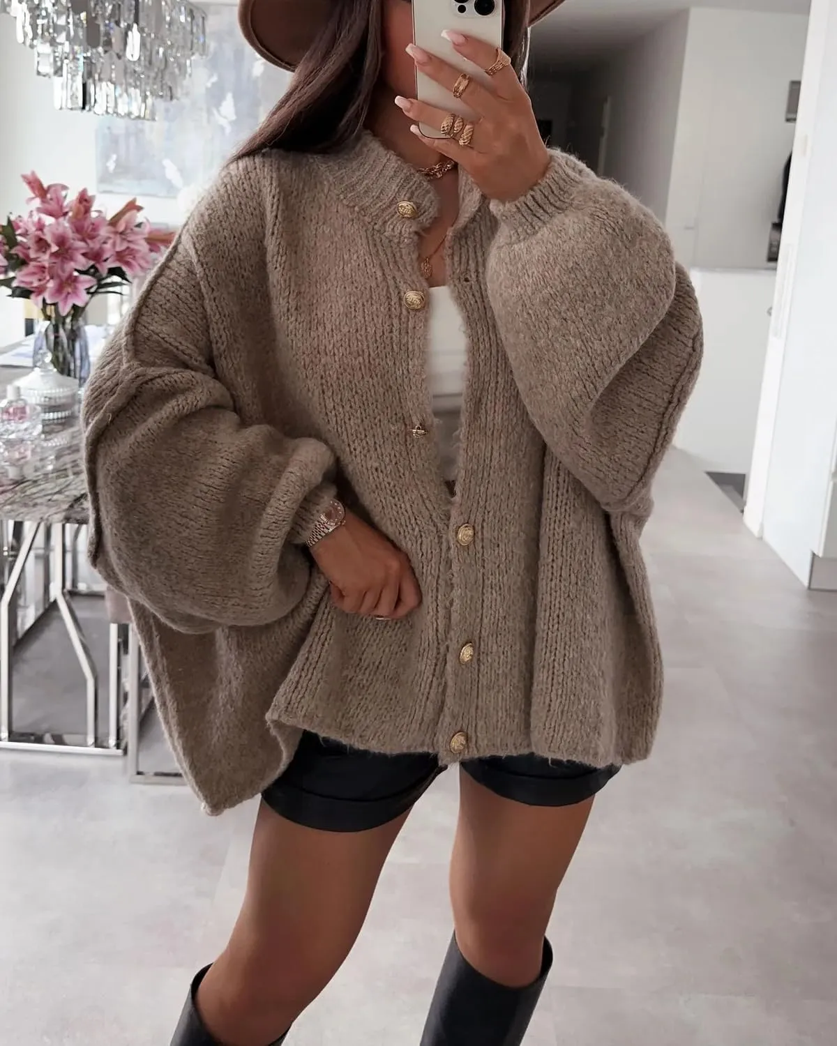 Women's Button Down Cardigans Oversized Chunky Knit Sweater Long Sleeves Turtleneck Outwear