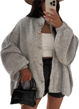 Women's Button Down Cardigans Oversized Chunky Knit Sweater Long Sleeves Turtleneck Outwear