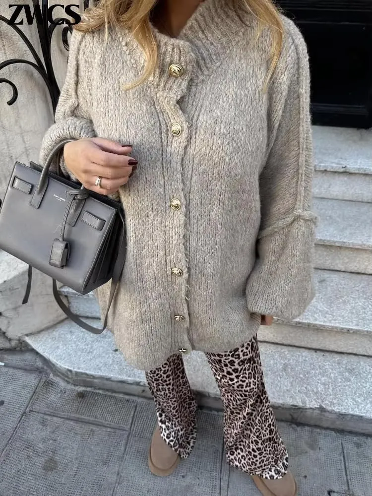 Women's Button Down Cardigans Oversized Chunky Knit Sweater Long Sleeves Turtleneck Outwear