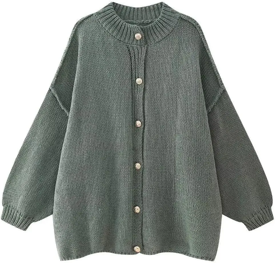 Women's Button Down Cardigans Oversized Chunky Knit Sweater Long Sleeves Turtleneck Outwear