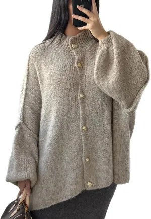 Women's Button Down Cardigans Oversized Chunky Knit Sweater Long Sleeves Turtleneck Outwear