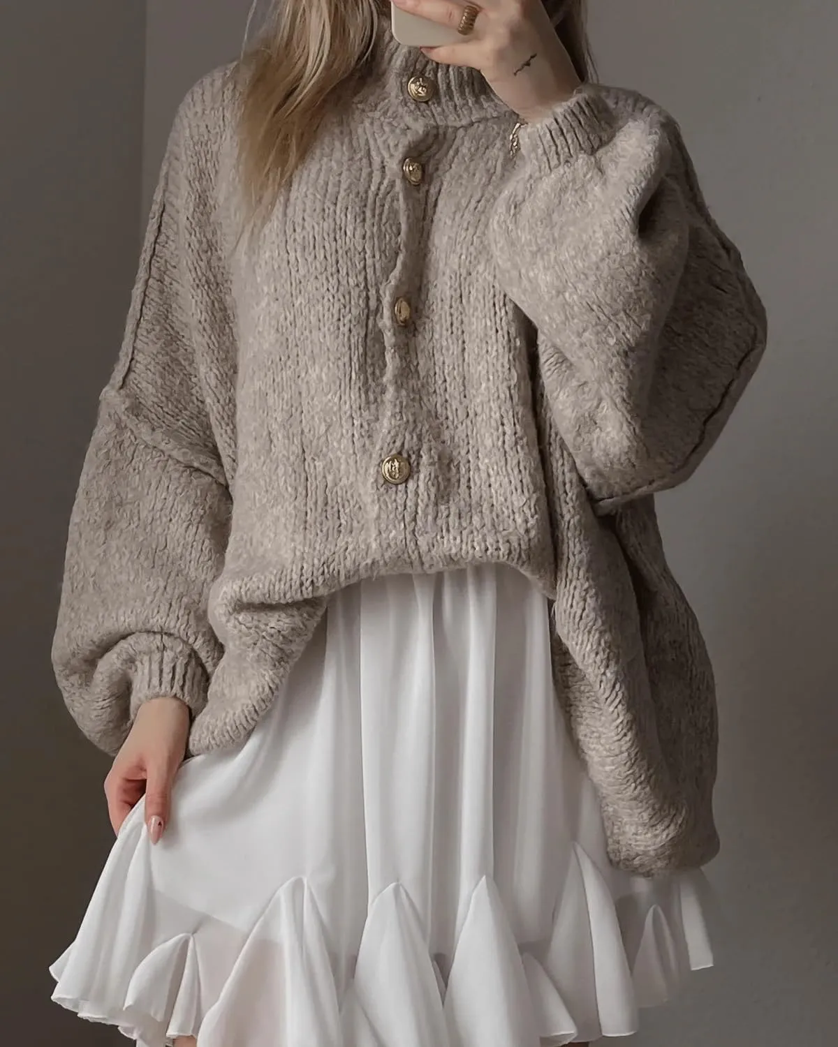 Women's Button Down Cardigans Oversized Chunky Knit Sweater Long Sleeves Turtleneck Outwear