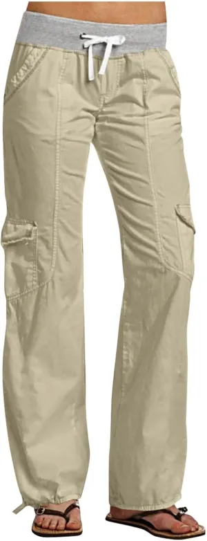 Womens Cargo Pants Mid Rise Hiking Pants Straight Leg Jogger Pants Lightweight Tactical Pants Drawstring Travel Pants