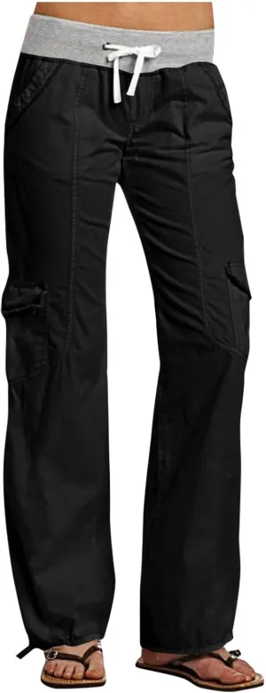Womens Cargo Pants Mid Rise Hiking Pants Straight Leg Jogger Pants Lightweight Tactical Pants Drawstring Travel Pants