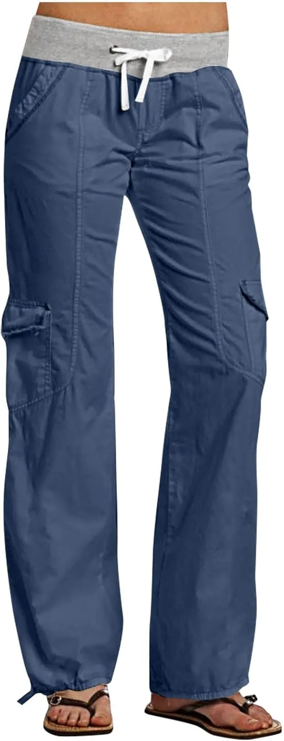 Womens Cargo Pants Mid Rise Hiking Pants Straight Leg Jogger Pants Lightweight Tactical Pants Drawstring Travel Pants