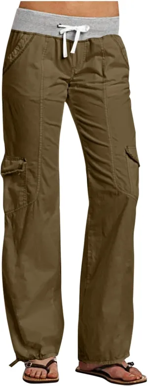 Womens Cargo Pants Mid Rise Hiking Pants Straight Leg Jogger Pants Lightweight Tactical Pants Drawstring Travel Pants
