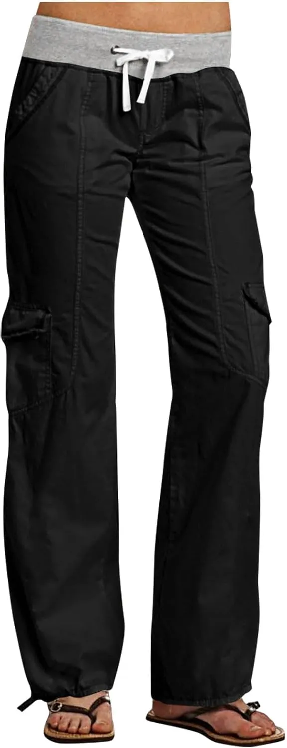 Womens Cargo Pants Mid Rise Hiking Pants Straight Leg Jogger Pants Lightweight Tactical Pants Drawstring Travel Pants